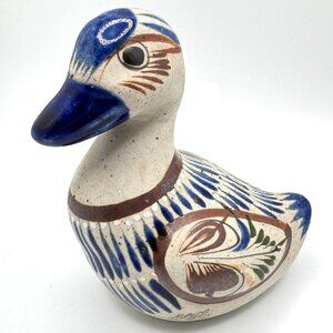 Tonala Mexican Folk Art Pottery Duck Figurine Signed Hand-Painted Blue Brown Vtg
